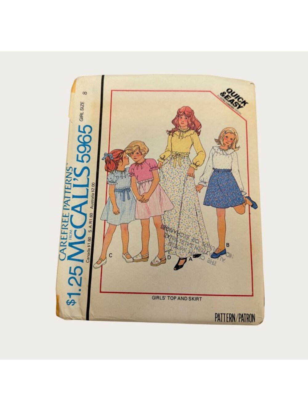 Vintage 1970s McCalls Sewing Pattern 5965 Girls Top Skirt Size 8 Uncut